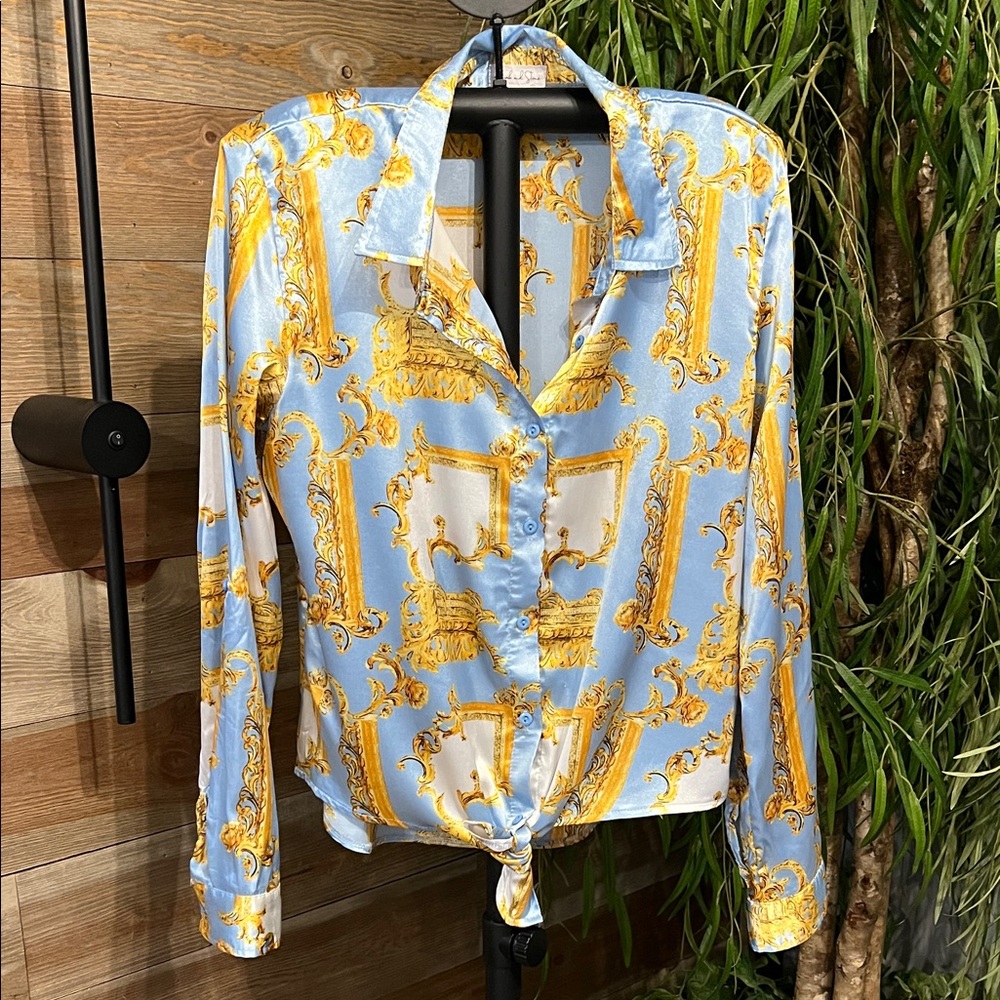 Birch and Stone baby blue scarf print satin button down blouse. Large